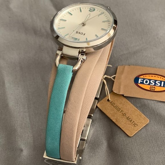 Fossil Women\'s Silver wristwatch  Aqua/Tan leather multistrand  band ES3222 NEW main image 4